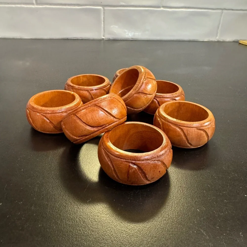 Napkin Rings Set of 8 Brown Hand Carved Wood Rustic Boho Table Decor